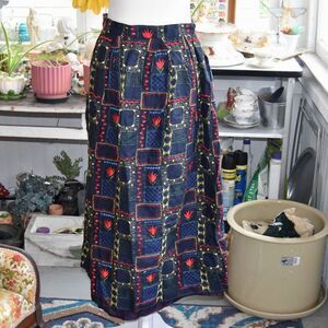 Vintage 90s Cloak of Many Colors Linen Midi Skirt Folk Art Tulip Print M
